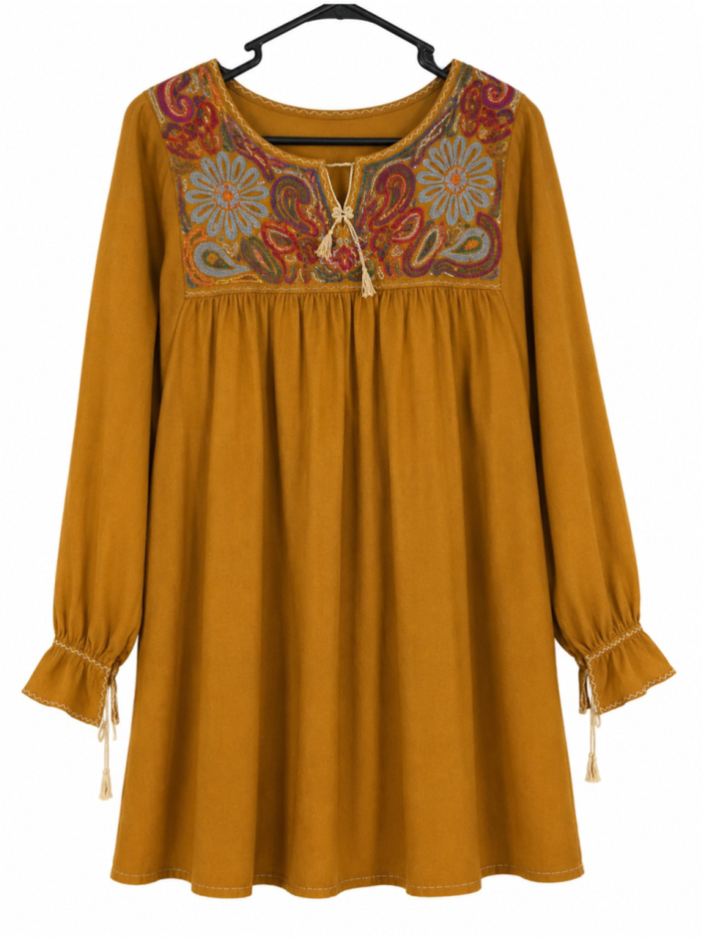 Mexican Handmade Embroidered Cotton Tunic Blouse Mustard Boho One Size M-XL